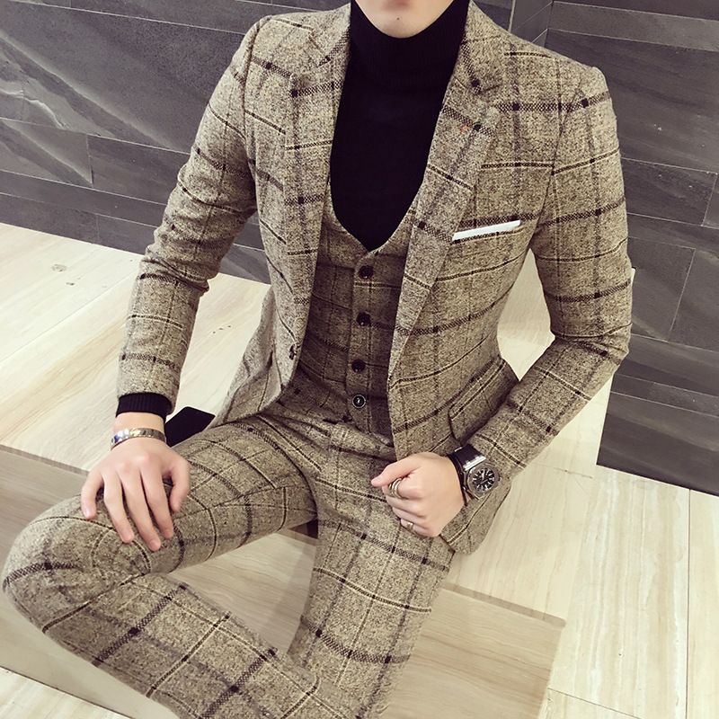 men's large size British gentleman plaid wool suit suit groom and best man wedding three-piece men's suit_viptrois.com