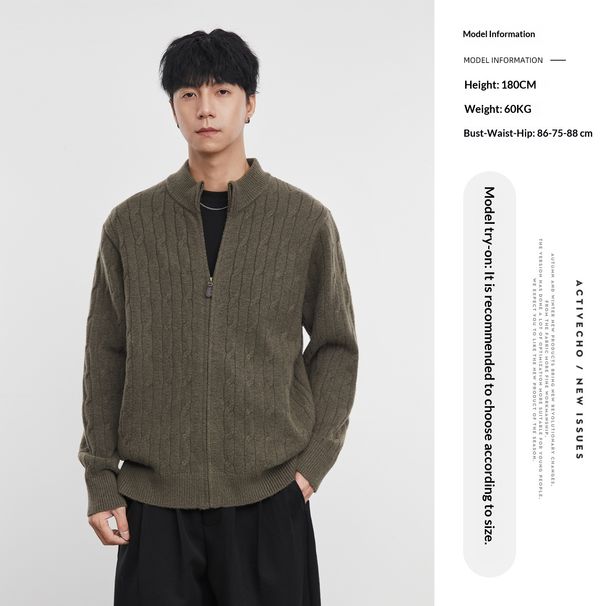 Yizhi "Woven Edge" Men's Stand Collar Cable Knit Cardigan Autumn Winter Loose Casual Zipper Sweater Jacket Top_viptrois.com