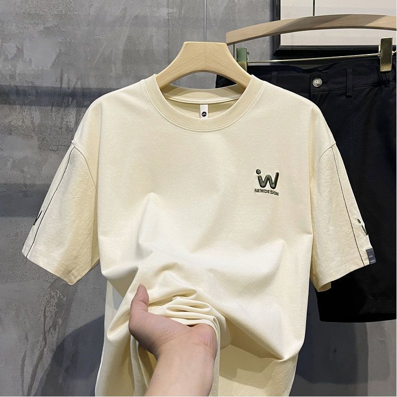 2025 Summer New Crew Neck Trendy Half-Sleeve Fashion Short Sleeve Versatile Embroidered T-Shirt Casual Bottom Men's Top_viptrois.com