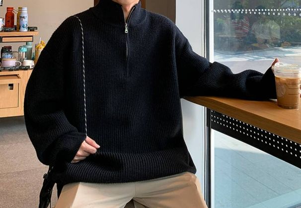 Men's Clothing New Fall/Winter Vertical Striped Chunky Knit Sweater For Men Vintage American High Street Style Half Zipper Stand Collar Cardigan_viptrois.com