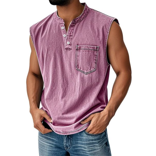 2027 Summer Fashion European-USA Style Top Tee Youth/Men Stand Collar Half Button Pure Color Pocket Sleeveleaa Casual T-Shirt S-3XL_viptrois.com
