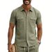 Men's Linen Blend Short Sleeve Shirt, Casual Multi-Pocket Camp Collar Shirt For Summer Outdoor Travel_viptrois.com