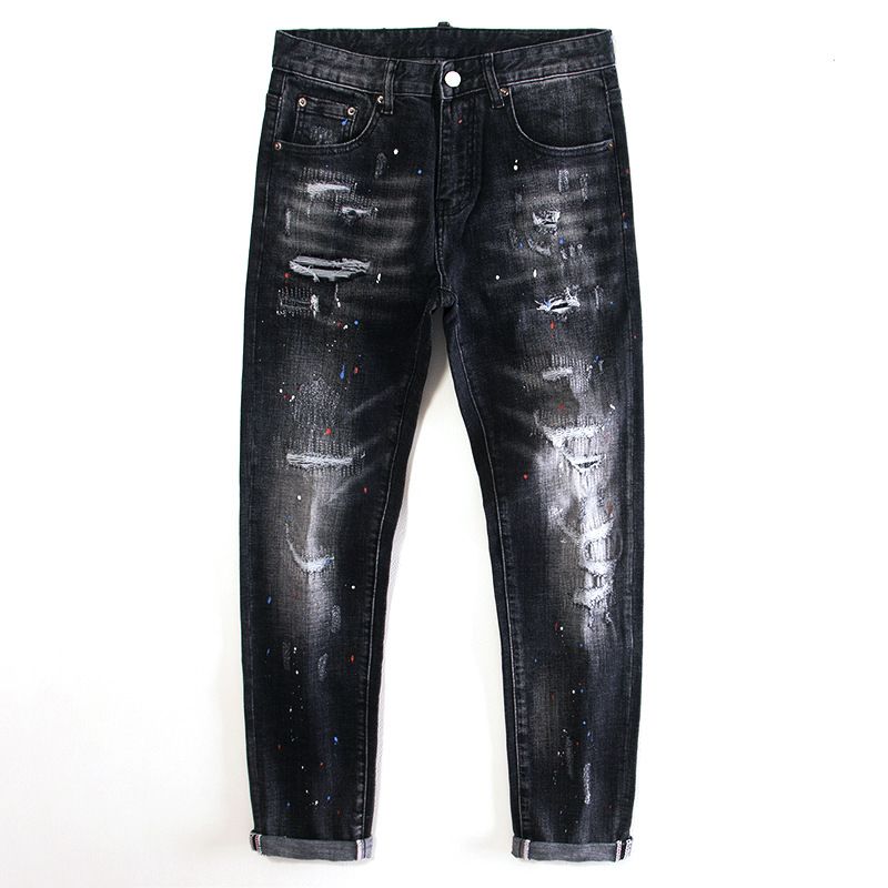 Men's Clothing High End Fashion Hole Patch Ink Paint Black Jeans Slim Fit Small Feet Elastic Personality Trend Pants_viptrois.com