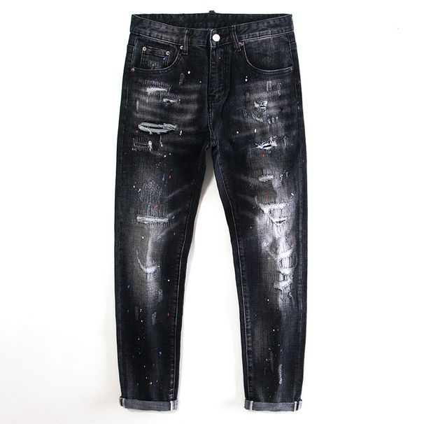 Men's Clothing High End Fashion Hole Patch Ink Paint Black Jeans Slim Fit Small Feet Elastic Personality Trend Pants_viptrois.com