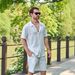 Men's Clothing Jacquard Short Sleeve Shirt & Shorts Set - Lightweight Summer Outfit, Casual Linen-Like Polyester, S-XXXL (Sky Blue/Pink/Black/White)_viptrois.com
