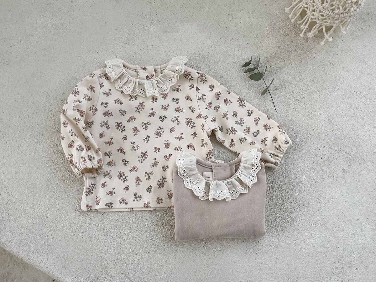 Mother & Kids 2026 Spring Baby's Top Floral Base Shirt Cotton T-Shirt Long Sleeve Women's Lace Lap Crewneck Korean Style_viptrois.com