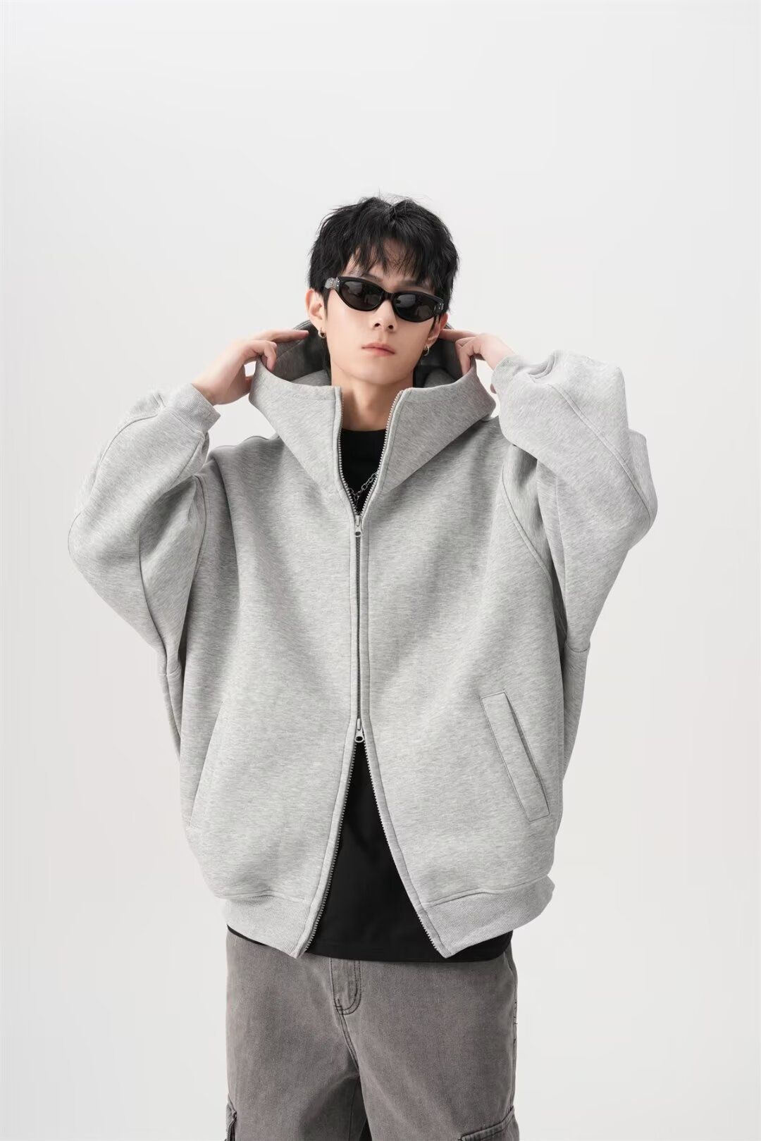 Heavyweight Fleece Zip Hoodie – Unisex Winter Pullover With Dual Zippers (Black/Light Grey, M-3XL)_viptrois.com