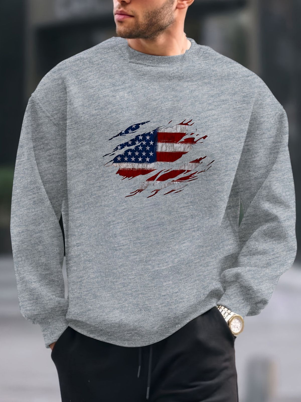 Men's Loose Casual Fashionable Classic American Flag Print Round Neck Long Sleeved Sweatshirt Suitable For Autumn And Winter Wear_viptrois.com