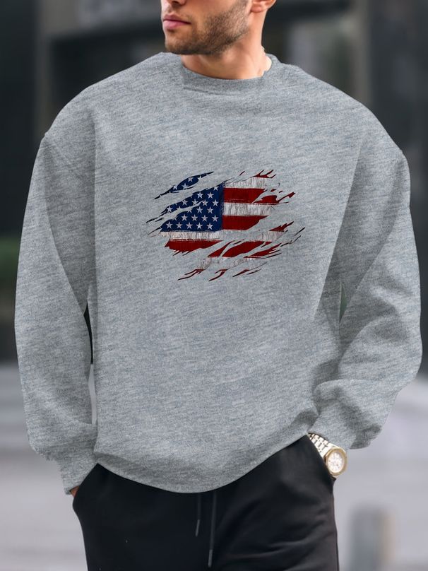 Men's Loose Casual Fashionable Classic American Flag Print Round Neck Long Sleeved Sweatshirt Suitable For Autumn And Winter Wear_viptrois.com