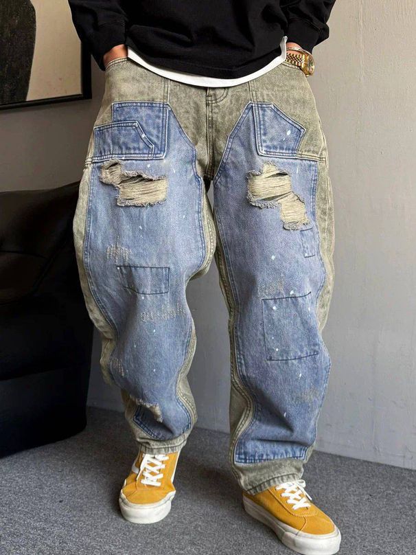 Men's Clothing Niche Retro Dirty Wash Old Paint Ripped Jeans Men's Trendy Brand Handsome Big Machete Wide Leg Mopping Long Pants_viptrois.com