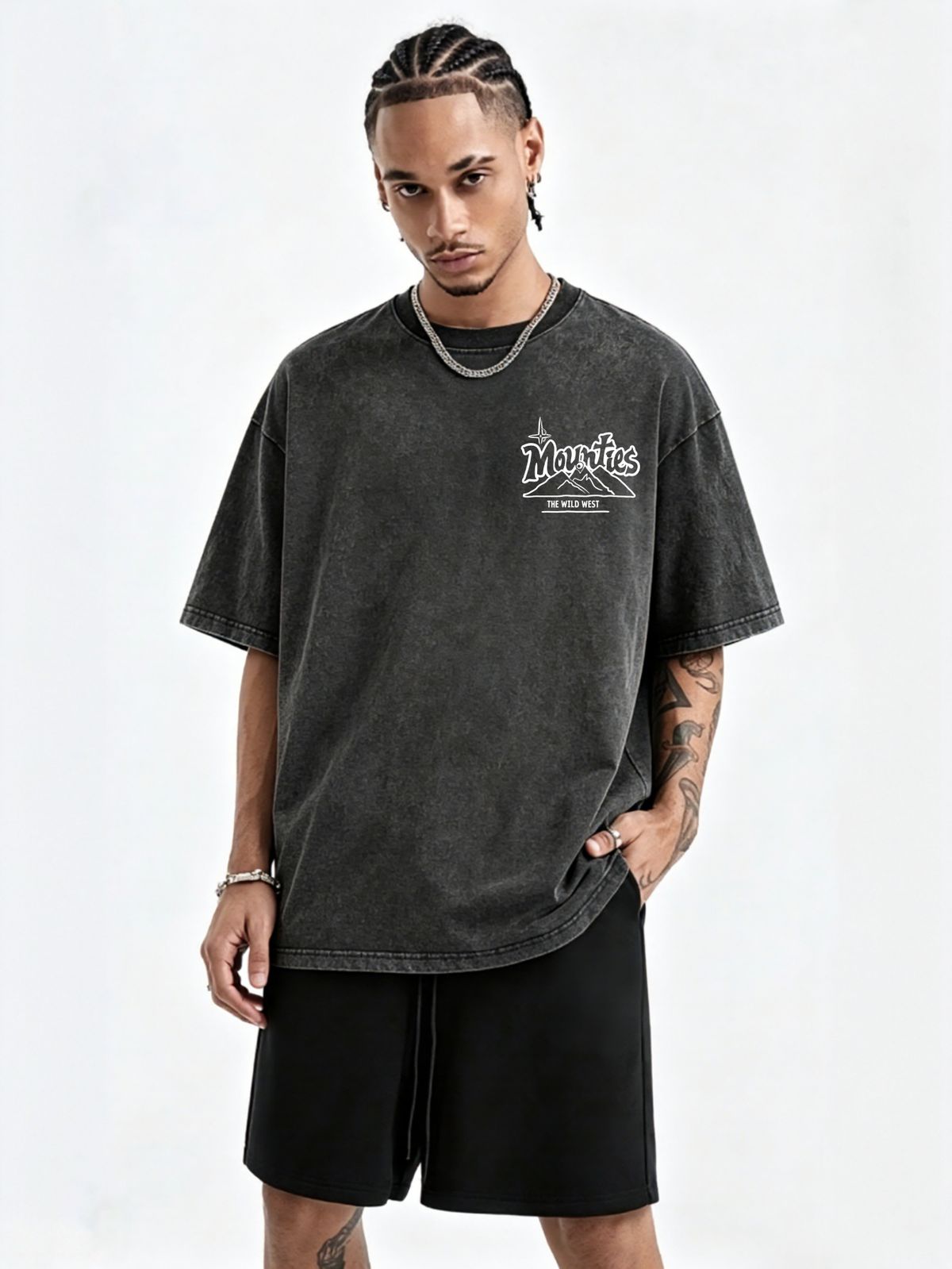 230g Washed Men T-Shirt Mounties Western Mountain Vintage Cursive Font Print Short Sleeve Crew Neck Casual Streetwear Top_viptrois.com