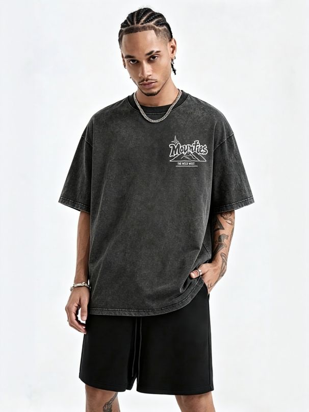 230g Washed Men T-Shirt Mounties Western Mountain Vintage Cursive Font Print Short Sleeve Crew Neck Casual Streetwear Top_viptrois.com