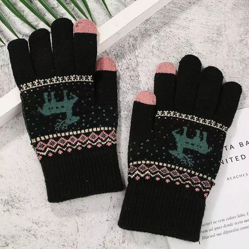 Christmas sock Extra fleece Christmas Deer jacquard knitted warm touch screen gloves with finger for outdoor use_viptrois.com