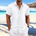 Men's Cotton Linen Striped Jacquard Casual Loose Short Sleeved Shirt Wave Pattern Bestseller_viptrois.com