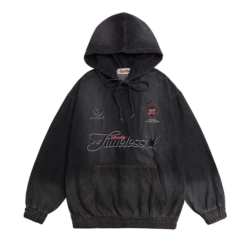 American Style Washed Denim Street Fashion Punk Loose Embroidered Letters Vintage Pullover Hoodie For Men_viptrois.com