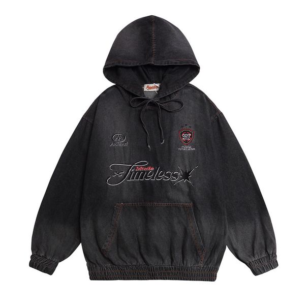 American Style Washed Denim Street Fashion Punk Loose Embroidered Letters Vintage Pullover Hoodie For Men_viptrois.com