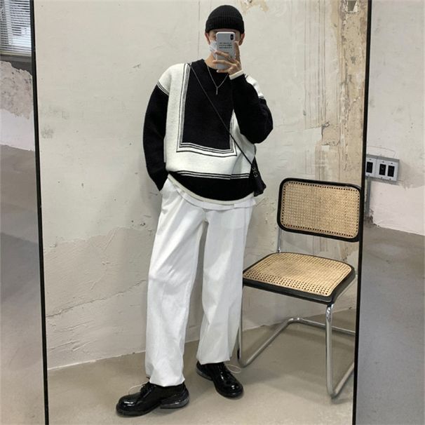 Loom European And American Style Winter Thickened Color Block Crew Neck Sweater For Men Trendy Youth Casual Warm Knitted Base_viptrois.com