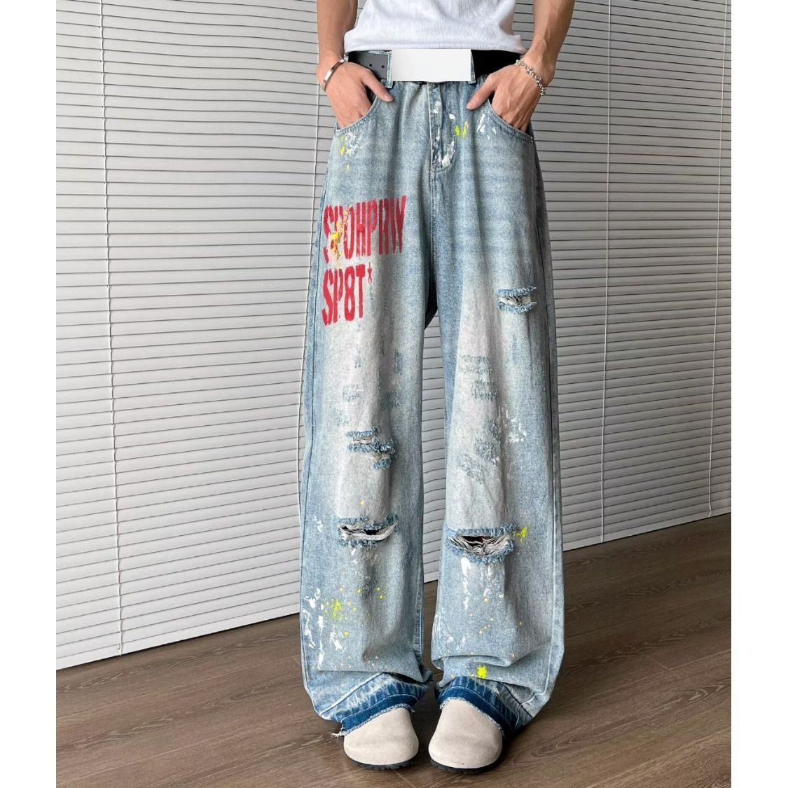 American High Street Vibe Washed Ink Splashed Ripped Jeans For Men Trendy And Fashionable Letter Embroidery Loose Straight Trousers_viptrois.com