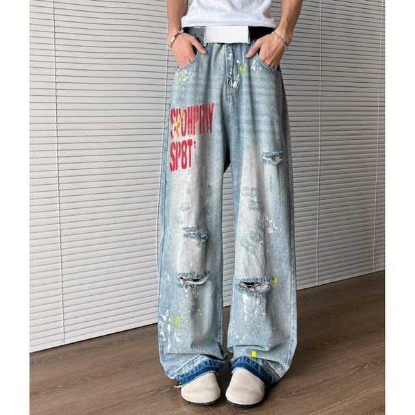 American High Street Vibe Washed Ink Splashed Ripped Jeans For Men Trendy And Fashionable Letter Embroidery Loose Straight Trousers_viptrois.com