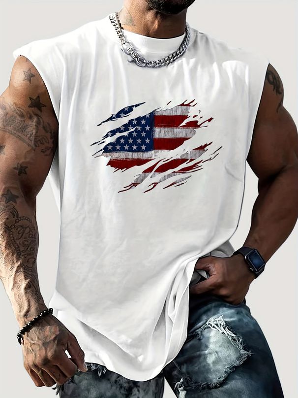 100% Pure Cotton Men's Summer Casual Sports Fitness Loose American Flag Pattern Printed Breathable Round Neck Sleeveless Vest_viptrois.com