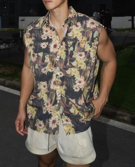 New Summer Loose Casual Vacation Vest Personality Full Print Floral Cuban Collar Double Pocket Sleeveless Top_viptrois.com