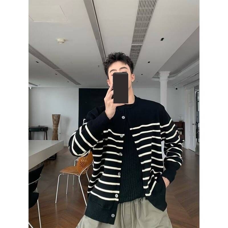 Unisex Striped Button-Up Knit Cardigan - Oversized Casual Long Sleeve Open Front Sweater For Men & Women_viptrois.com