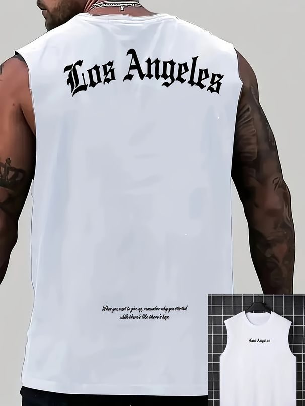 100% Pure Cotton Men's Summer Casual Sports Fitness Loose Los Angeles Letter Pattern Printed Breathable Round Neck Sleeveless Vest_viptrois.com
