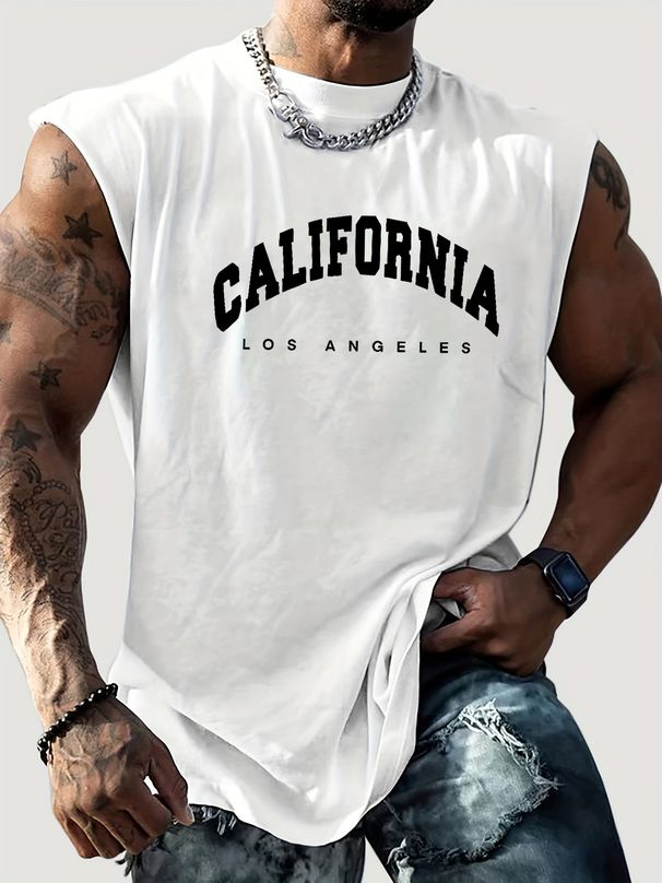 100% Pure Cotton Men's Summer Casual Sports Fitness Loose New York Letter Pattern Printed Breathable Round Neck Sleeveless Vest_viptrois.com