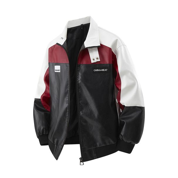 American Stand-up Collar Jacket Men's And Women's Leather Jacket Men's Loose And Versatile PU Leather Motorcycle Suit_viptrois.com