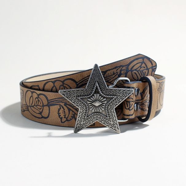 Western Vintage Star Embossed Belt - Distressed Brown Leather Waist Strap | Y2K Cowgirl Aesthetic For Women (Adjustable 26-34 Inch)_viptrois.com