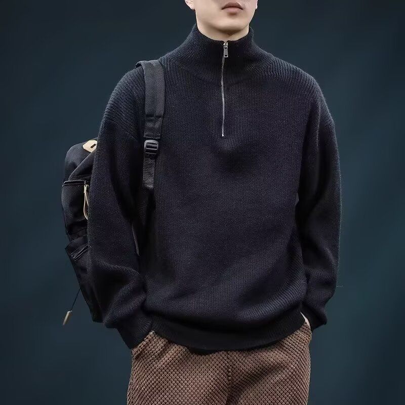 Men's Half-Zip Sweater – Oversized Knit Pullover With Stand Collar (Gray/Black/Green/Beige, M-3XL)_viptrois.com