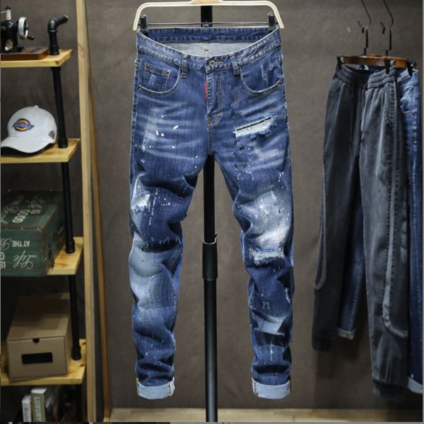 Jeans Pendant Refreshing Light Blue Destructive Paint Wild Exposed Yarn Slim Fitting And Trendy Man_viptrois.com