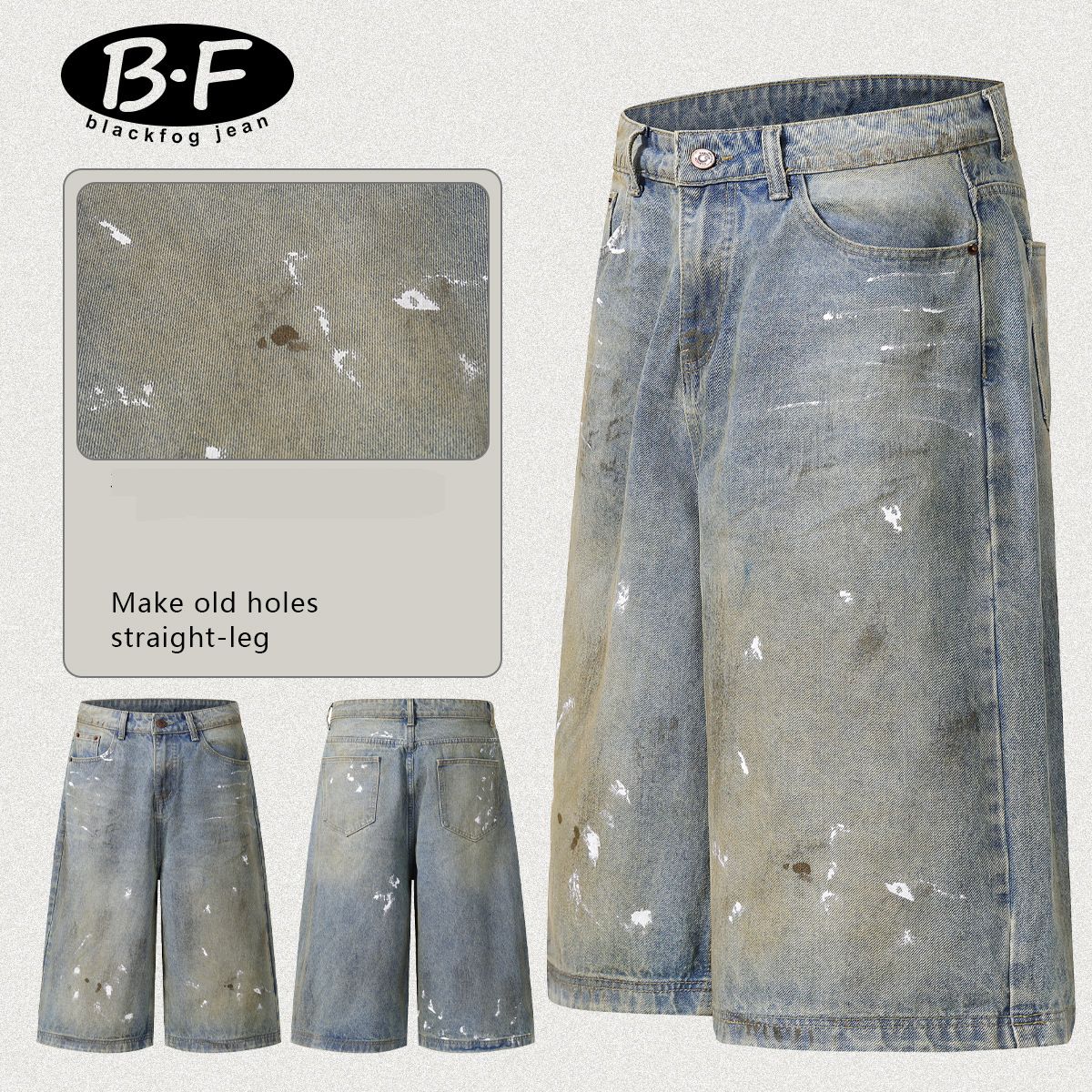 Men's Clothing Street Personality Ink Splash White Dot Distressed Wide Leg Jeans Washed Distressed Loose Embroidered Wide Leg Pants_viptrois.com