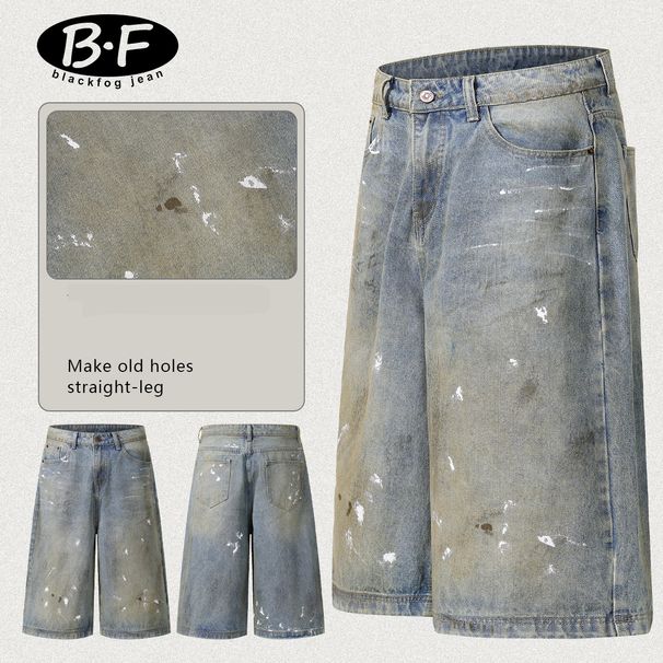Men's Clothing Street Personality Ink Splash White Dot Distressed Wide Leg Jeans Washed Distressed Loose Embroidered Wide Leg Pants_viptrois.com