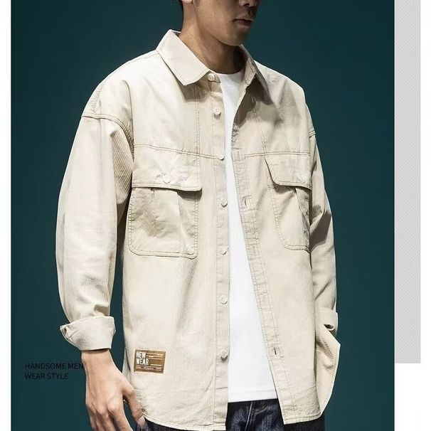Workwear Shirt Men's Loose Collared Long Sleeved Casual Trendy Flu Cardigan Striped Shirt Jacket_viptrois.com