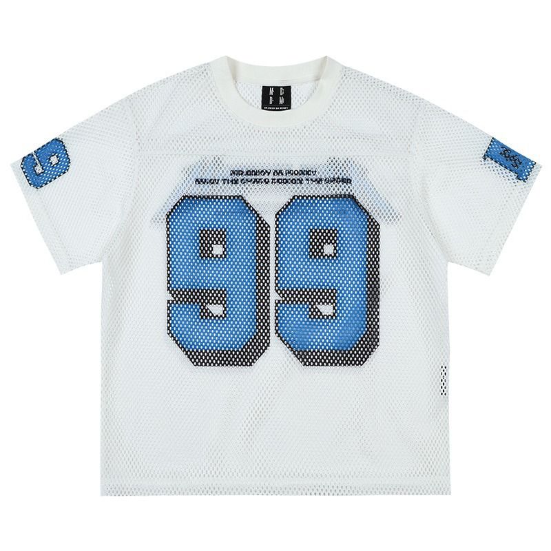Men's Clothing New Retro Hollow Mesh Rugby Uniform Digital Letter Printing Men And Women Casual Tops_viptrois.com
