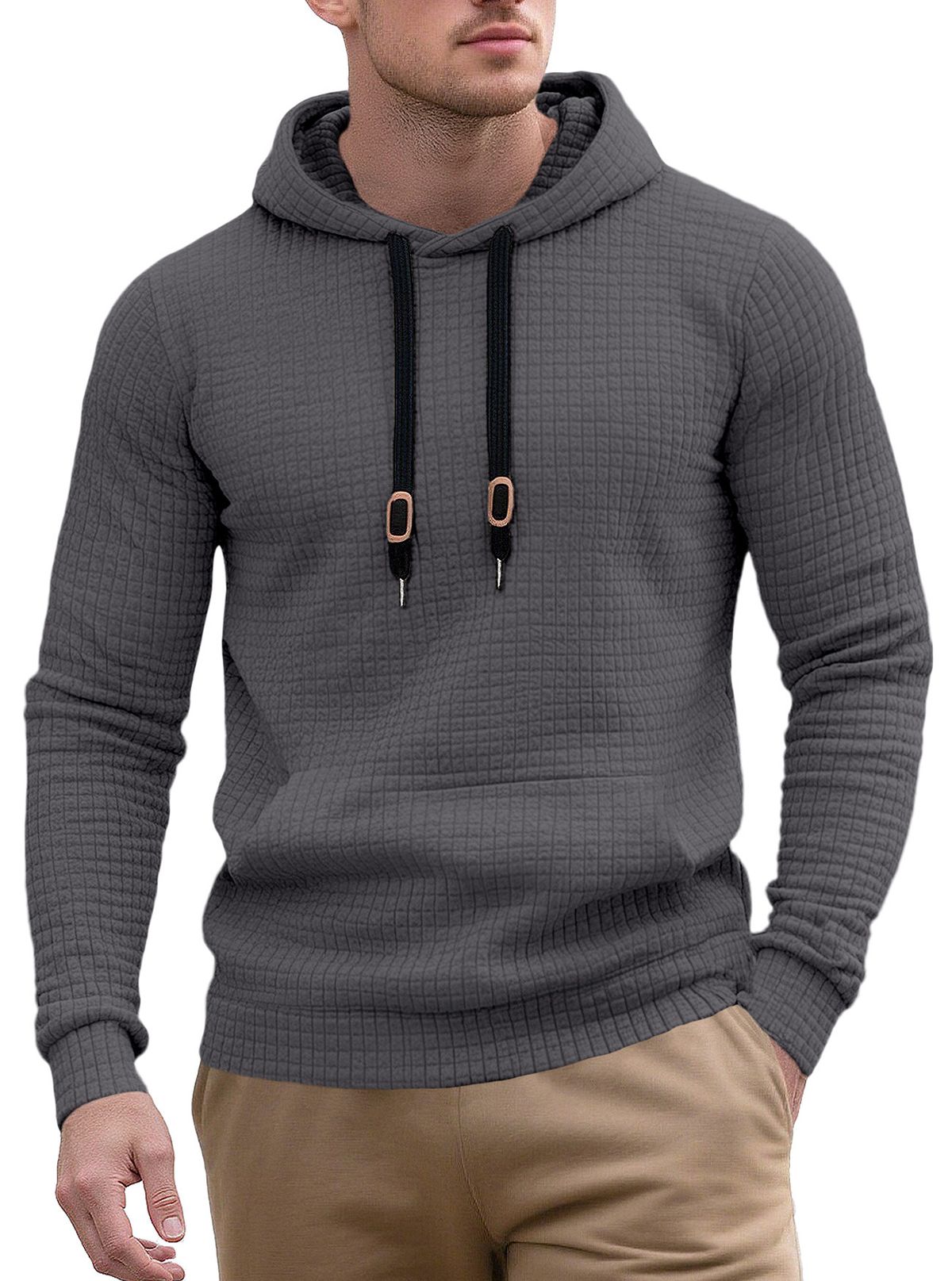 Men's Casual Hooded Sweatshirt With Jacquard Pocket, Lightweight Quilted Fabric, Loose Fit, (S-XXXL), Black/Gray/Khaki/Army Green/Navy_viptrois.com