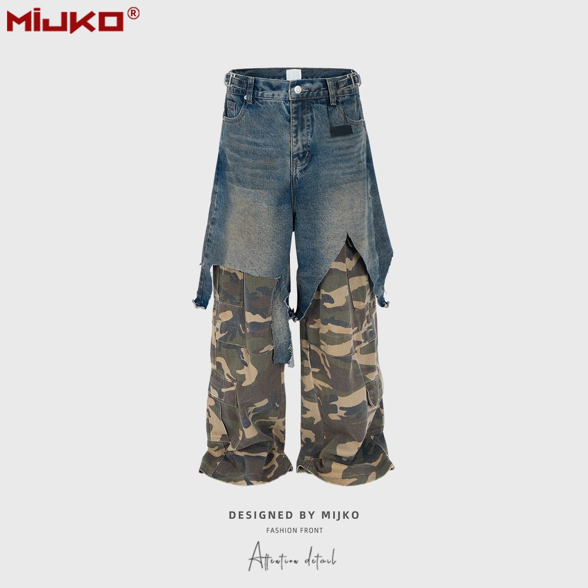 Men's Clothing Stitching Two Piece Camouflage Work Pants, Unisex Straight Leg Multi Pocket Color Blocked Jeans_viptrois.com