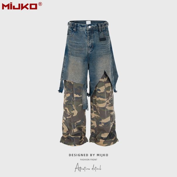 Men's Clothing Stitching Two Piece Camouflage Work Pants, Unisex Straight Leg Multi Pocket Color Blocked Jeans_viptrois.com