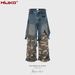 Men's Clothing Stitching Two Piece Camouflage Work Pants, Unisex Straight Leg Multi Pocket Color Blocked Jeans_viptrois.com
