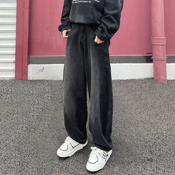 High Street Six Pocket Curved Knife Nostalgic Patchwork Jeans Men's Straight Leg Loose Pants Semi Elastic Button Style_viptrois.com