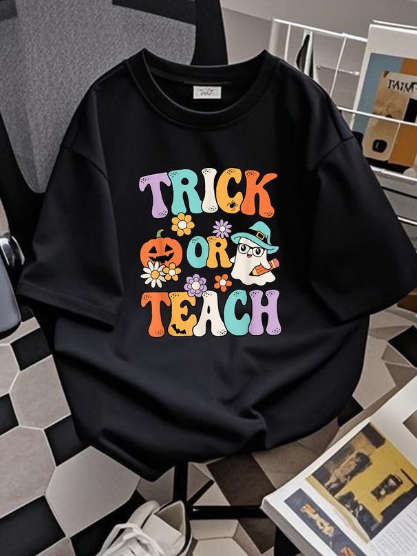 Halloween Trick Or Teach Pumpkin Ghost Teacher Men Women T-Shirt Fashion Graphic Designer Clothes Comfortable Women Streetwear Top For Everyday Wear Summer Breathable Versatile Slightly Unisex Soft Print Round Neck Short Sleeve Casual Female_viptrois.com