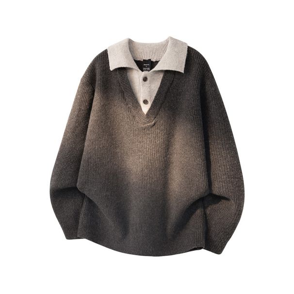 Splicing Long Sleeved Sweater, Loose Fitting Shirt Collar, Knitted Sweater, Simple To Wear_viptrois.com
