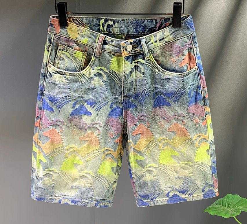 Men's Clothing Retro Distressed Patchwork Elastic Slim Fit Denim Shorts Men's Trendy Brand Embroidery Loose Straight Shorts_viptrois.com