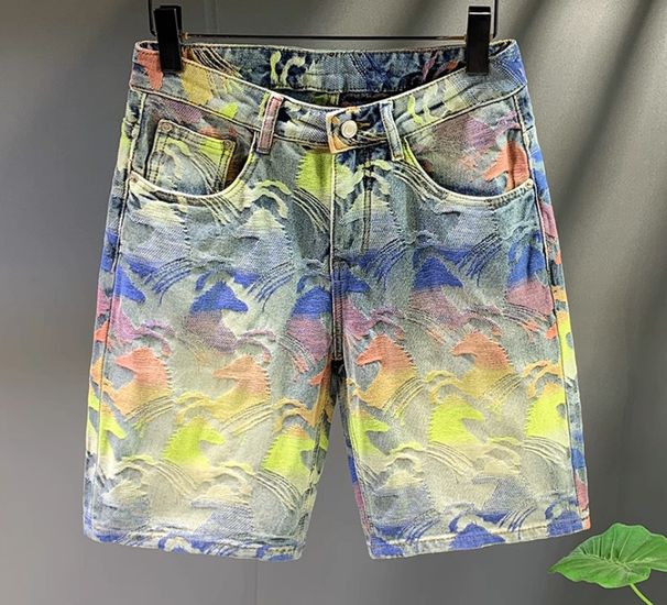 Men's Clothing Retro Distressed Patchwork Elastic Slim Fit Denim Shorts Men's Trendy Brand Embroidery Loose Straight Shorts_viptrois.com