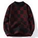Men’s Chunky Knit Turtleneck Sweater - Oversized Pullover With Embroidered Badge (Black/Red/Khaki/Dark Green)_viptrois.com
