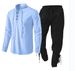 Men's Clothing Long Sleeve New European Size Cotton And Linen Henry Shirt Casual Beach Stand Collar Shirt Solid Color Two Piece Suit Spot Men_viptrois.com
