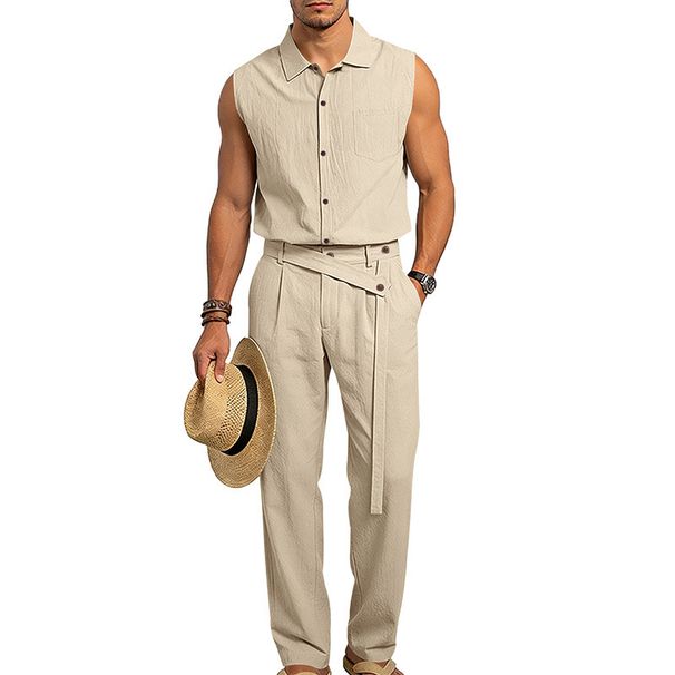 Men's Summer Trendy Linen Cotton Two Piece Set Sleeveless Shirt And Trousers Casual Breathable Cross Border European American_viptrois.com