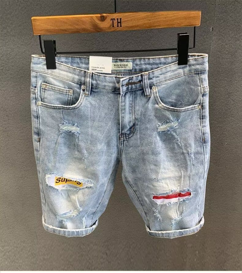 Men's Clothing Ripped Denim Shorts Versatile Summer Embroidered Student Mid Length Pants_viptrois.com