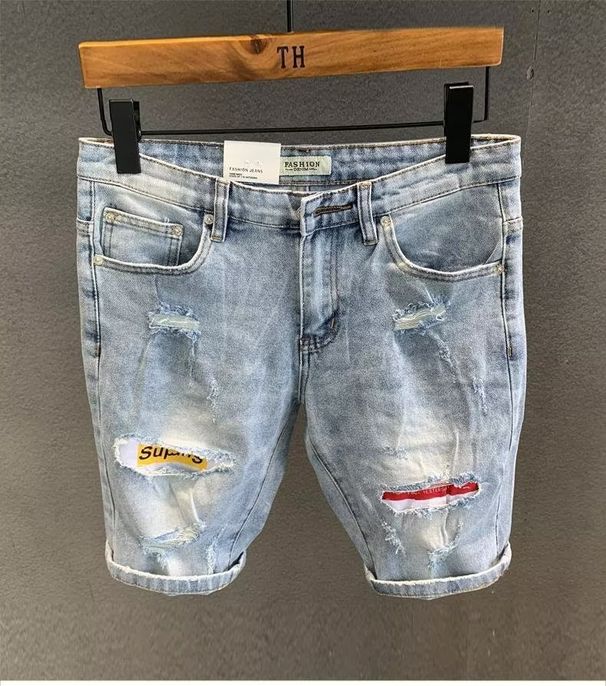 Men's Clothing Ripped Denim Shorts Versatile Summer Embroidered Student Mid Length Pants_viptrois.com
